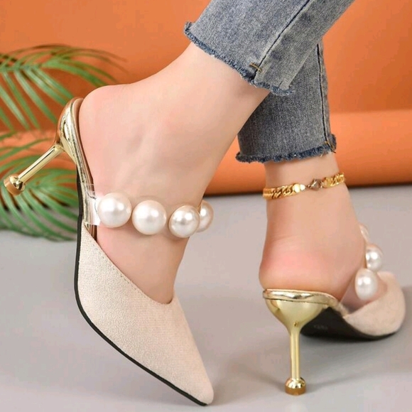 New Fashion Golden Pearl Decorated Elegant High Heels Party Shoes For Women - Picture 4 of 8